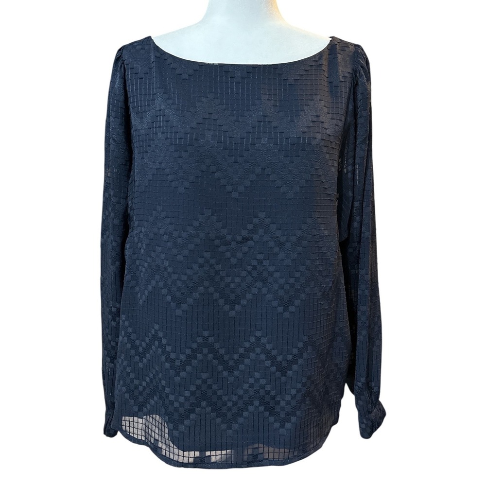 NWT Banana Republic Navy Long Sleeve Textured Sheer Overlay Blouse Womens Size L